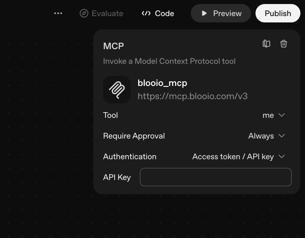 Blooio MCP configured in ChatGPT Agent Builder