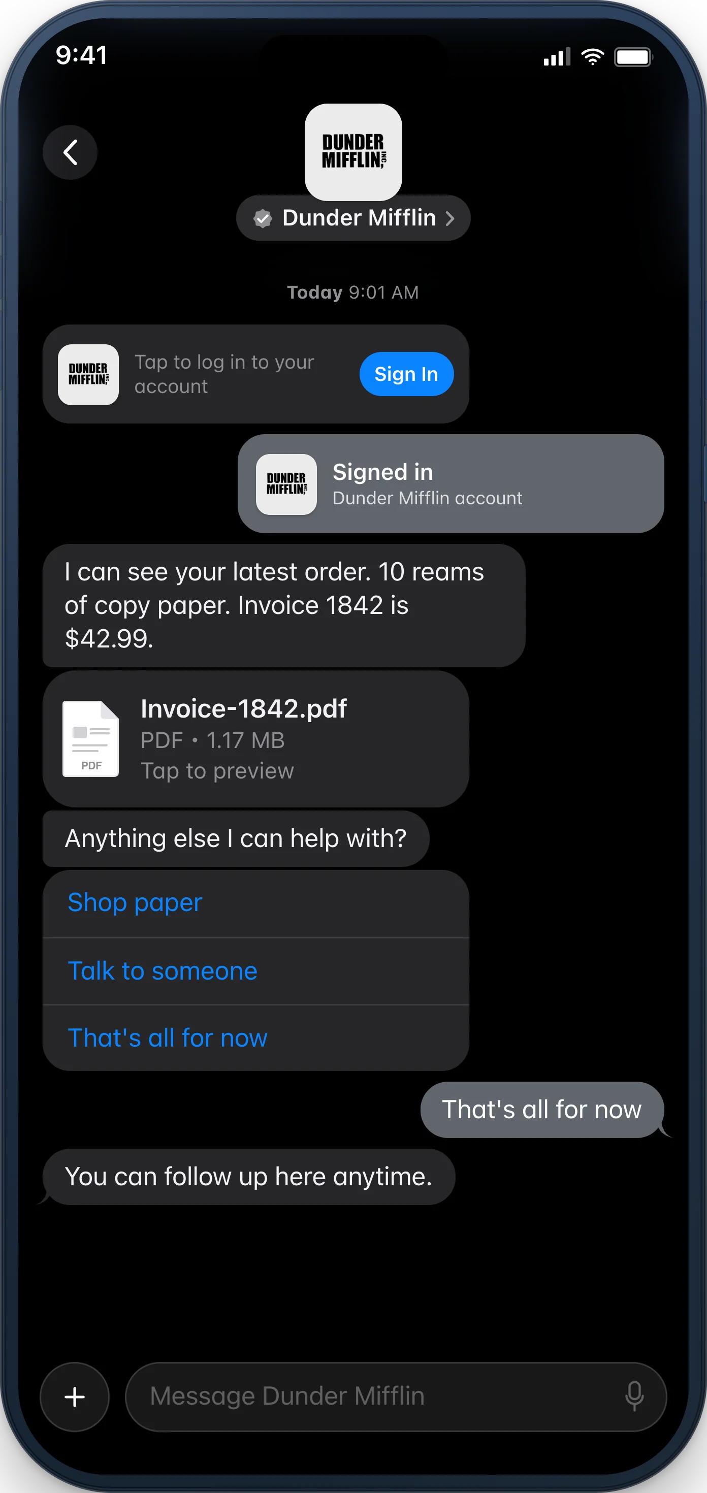 A customer conversation in Apple Messages for Business