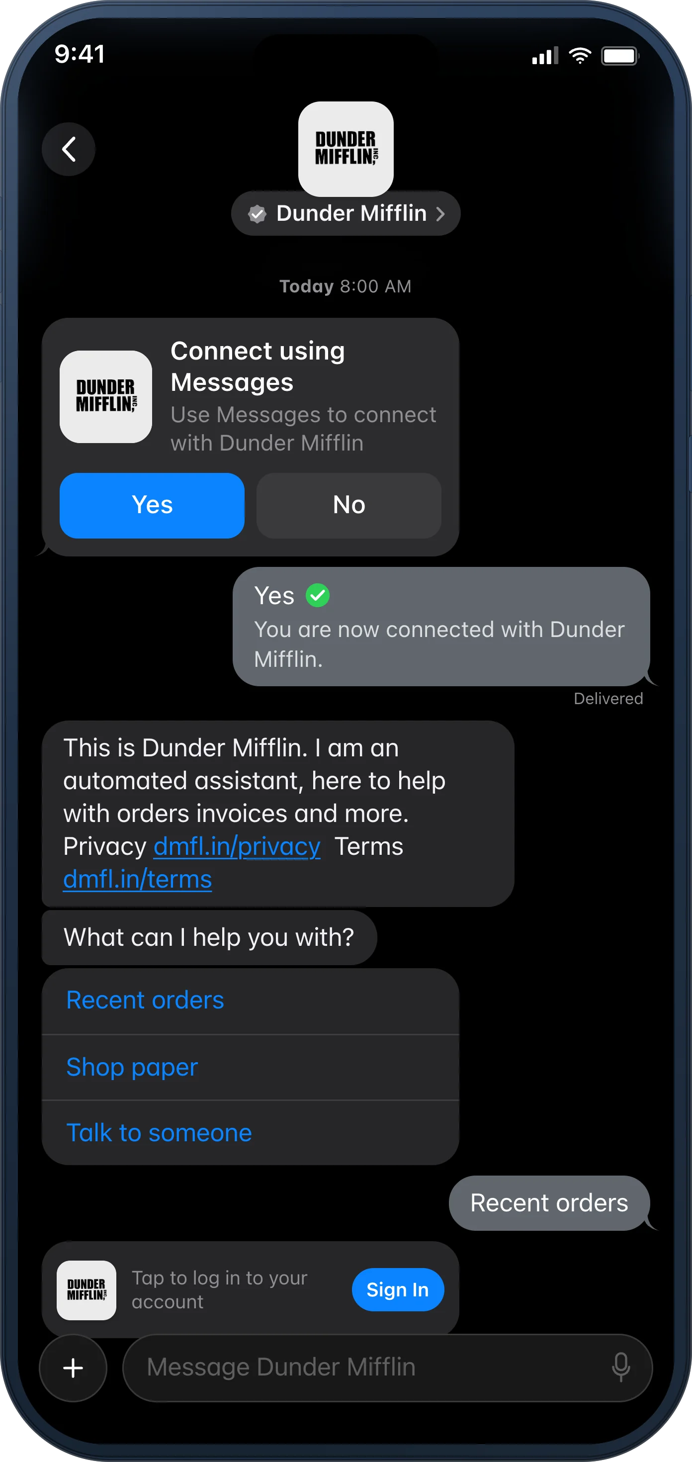 A business invitation in Apple Messages for Business