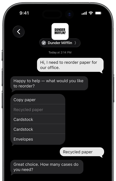 A customer conversation in Apple Messages for Business